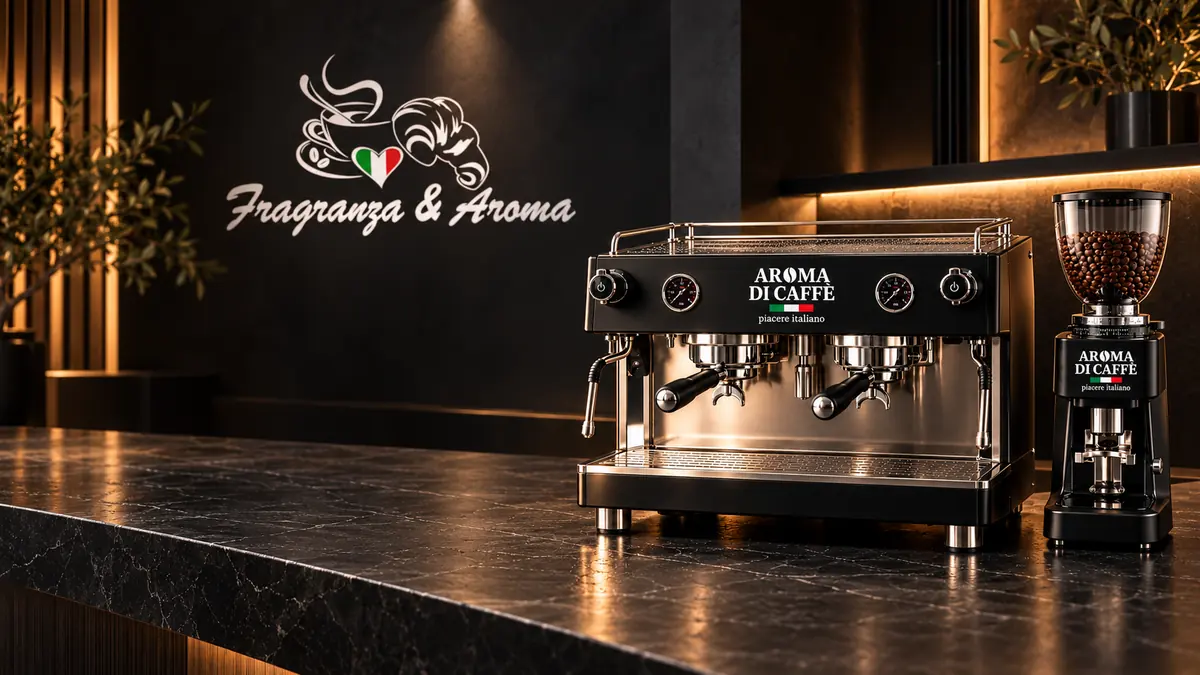 Un bancone con la macchina da espresso Aroma di Caffè e il logo Fragranza & Aroma sulla parete