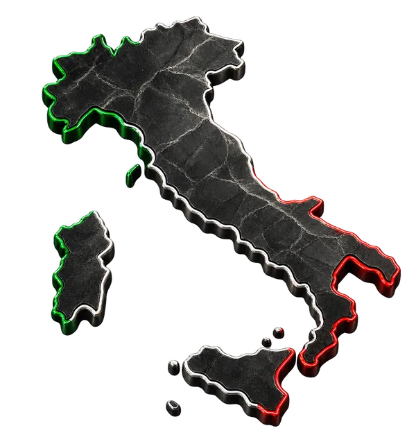 L'Italia in rilievo su pietra nera, coi bordi nei colori della bandiera