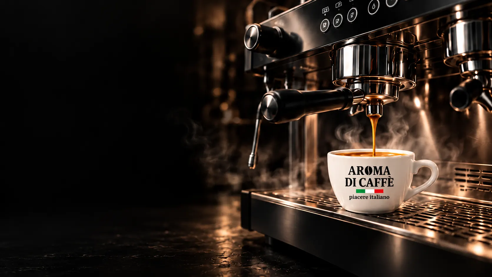 Una macchina da espresso professionale versa il caffè in una tazza bianca Aroma di Caffè