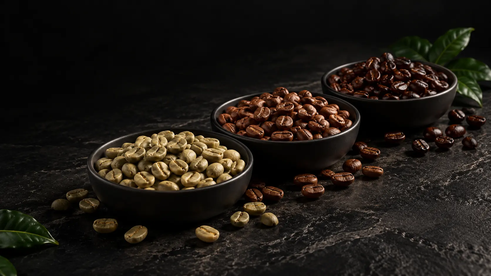 Ciotole di chicchi di caffè crudo e tostato su pietra nera