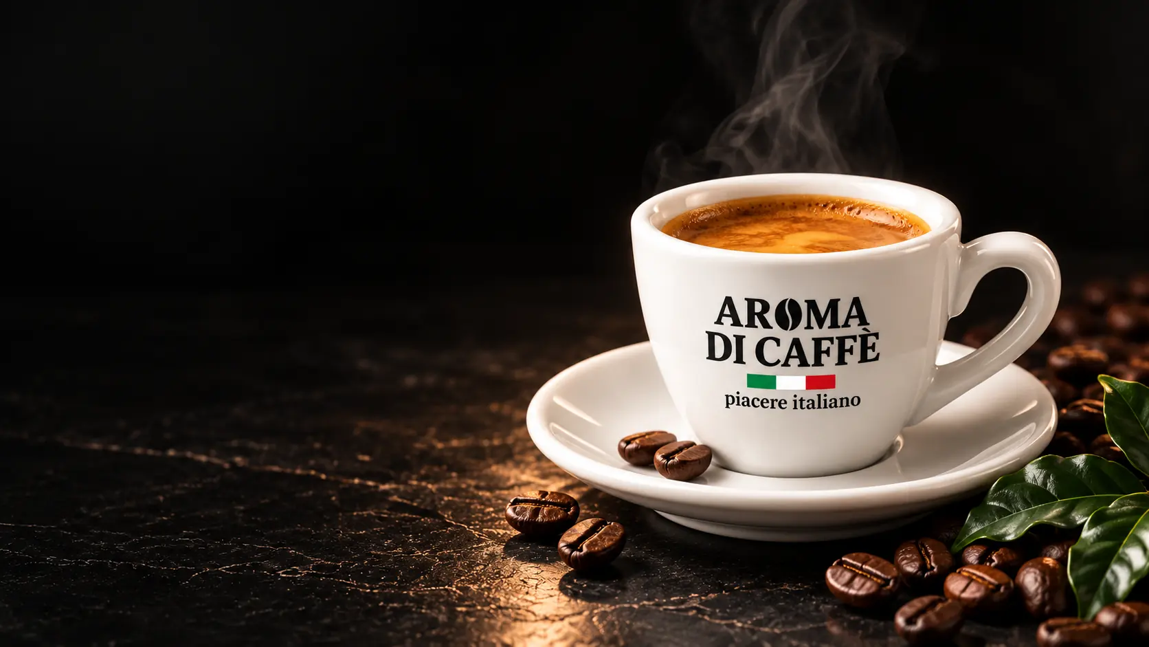 Una tazzina di espresso Aroma di Caffè sul piattino, con chicchi tostati e foglie di caffè