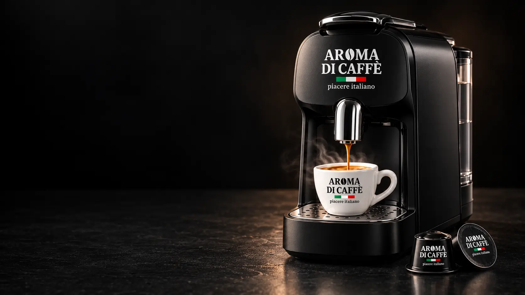 Macchina a capsule nera col marchio Aroma di Caffè che versa un espresso in una tazzina