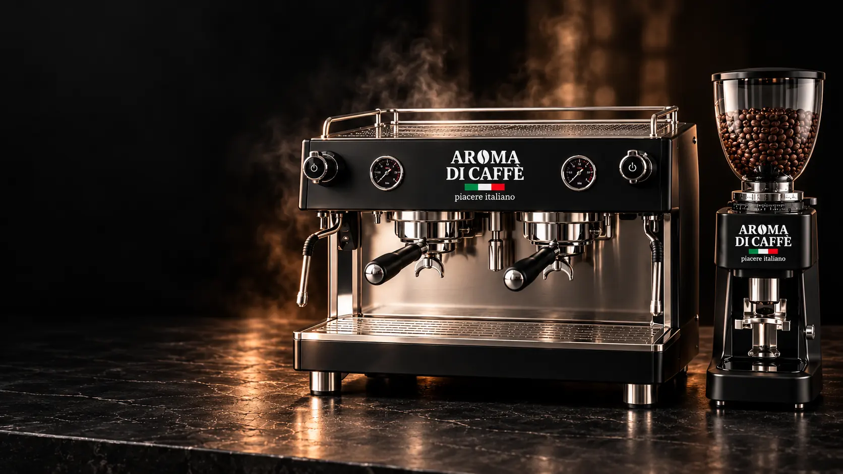 Macchina da espresso a due gruppi e macinadosatore col marchio Aroma di Caffè su un bancone