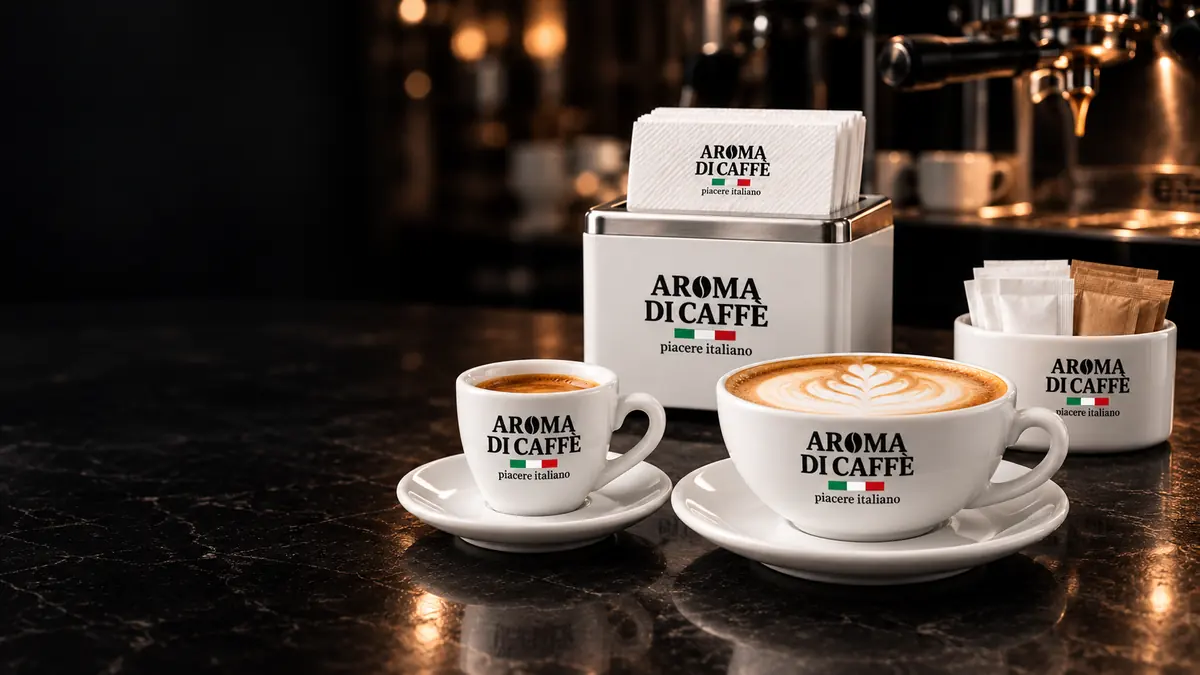 Tazzine, tazza da cappuccino, portatovaglioli e portazucchero col marchio Aroma di Caffè su un bancone
