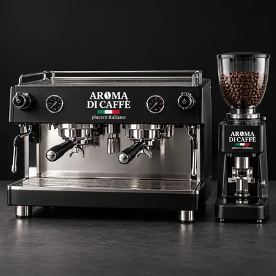 Macchina da espresso a due gruppi e macinadosatore col marchio Aroma di Caffè