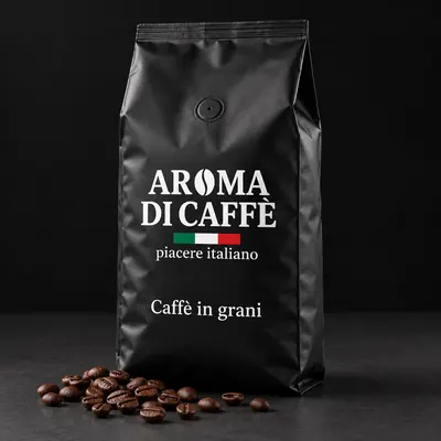 Busta nera di caffè in grani Aroma di Caffè con chicchi tostati