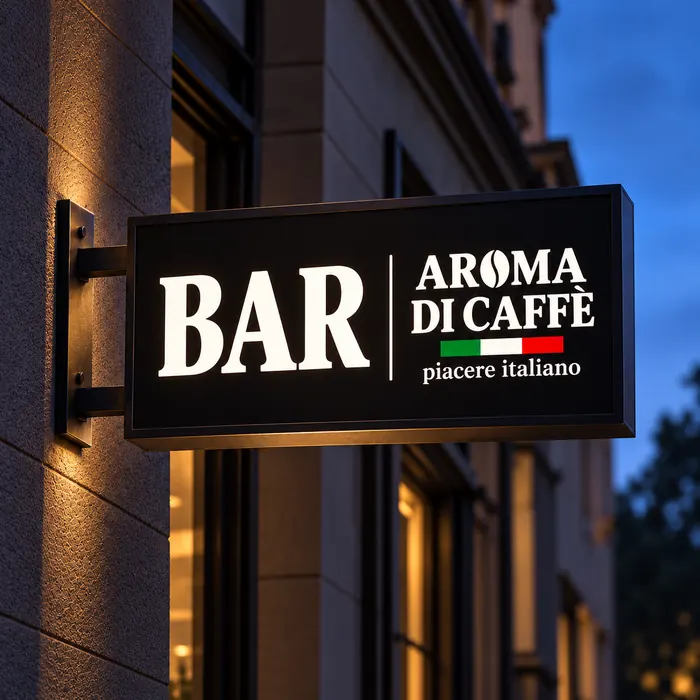 Insegna esterna di un bar con la scritta BAR e il marchio Aroma di Caffè