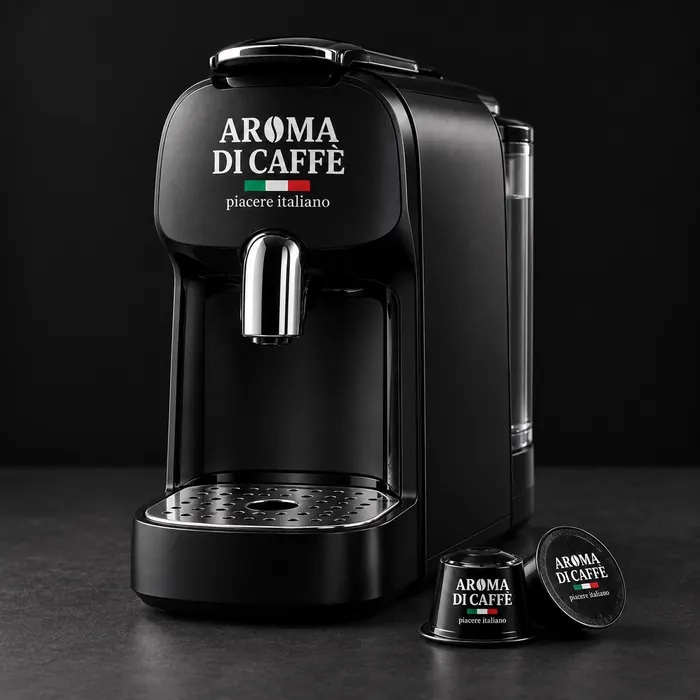 Macchina a capsule nera col marchio Aroma di Caffè, immagine d'esempio