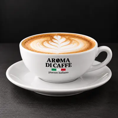 Tazza da cappuccino bianca col marchio Aroma di Caffè