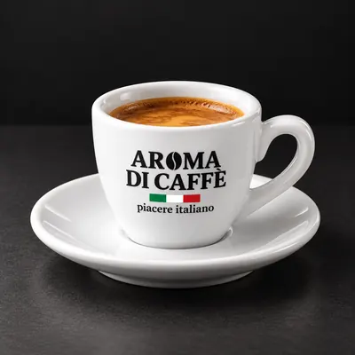 Tazzina da caffè bianca col marchio Aroma di Caffè