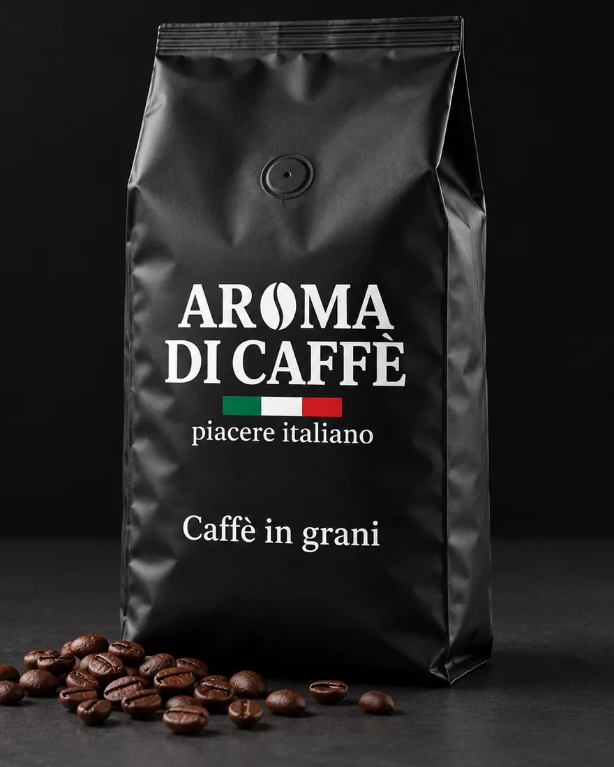 Busta nera di caffè in grani Aroma di Caffè con chicchi tostati