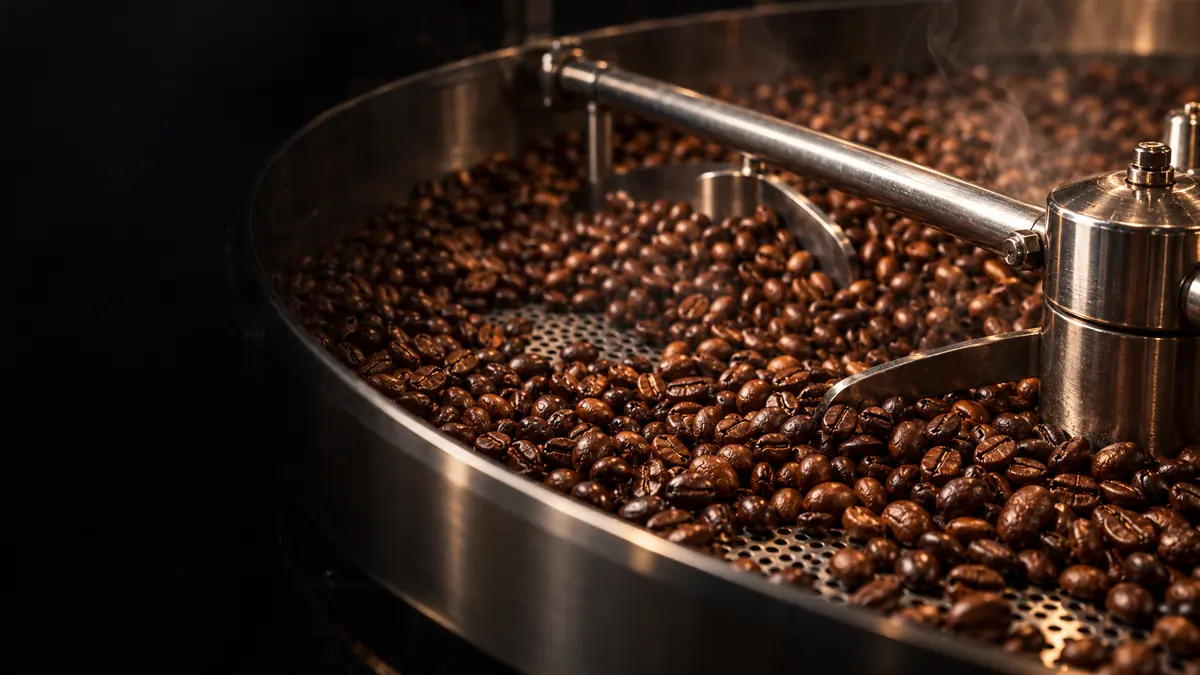 Chicchi di caffè appena tostati che girano nella vasca di raffreddamento della tostatrice